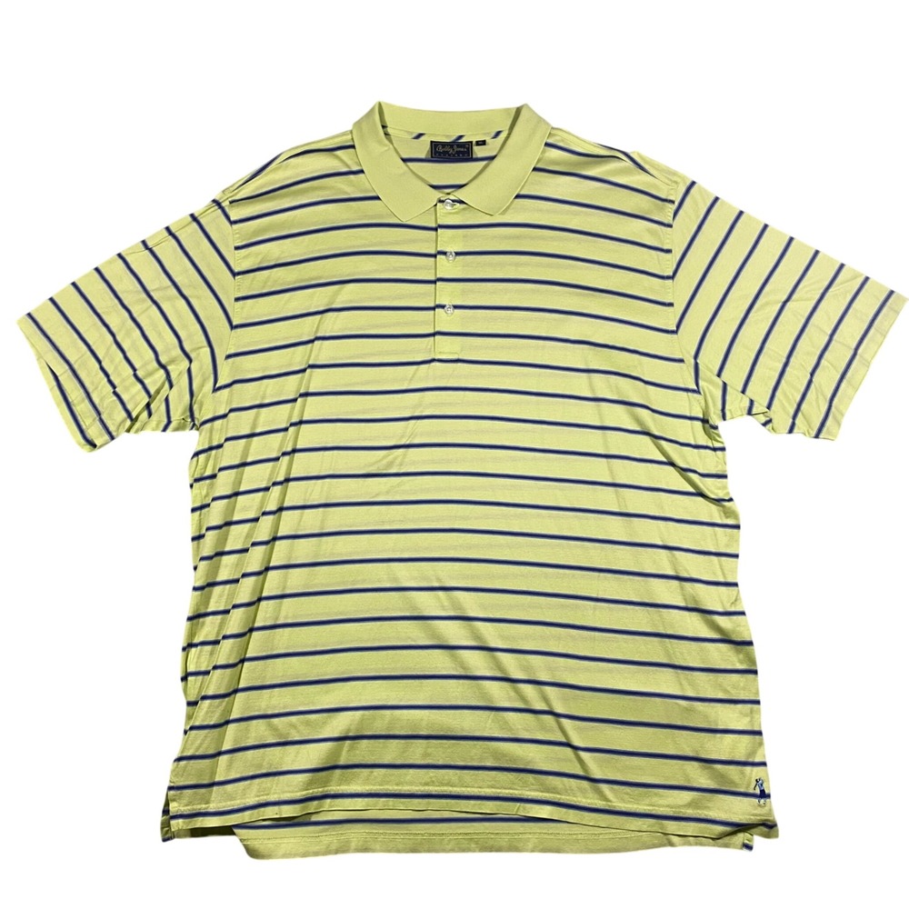 Bobby Jones Polo Shirt Mens XL Lime Green‎ Navy Blue Striped Cotton Short Sleeve